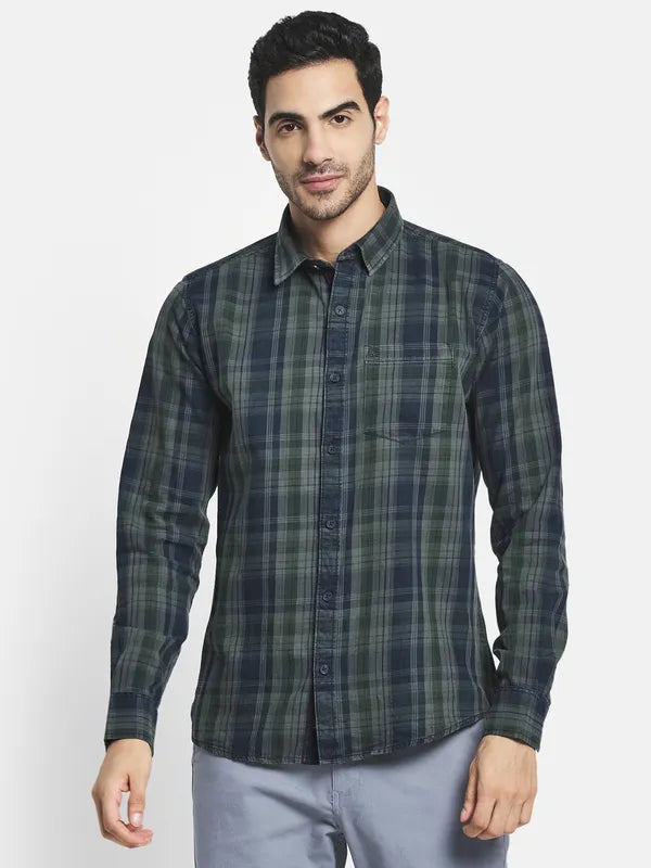 Men Olive Green Tartan Checks Checked Casual Shirt