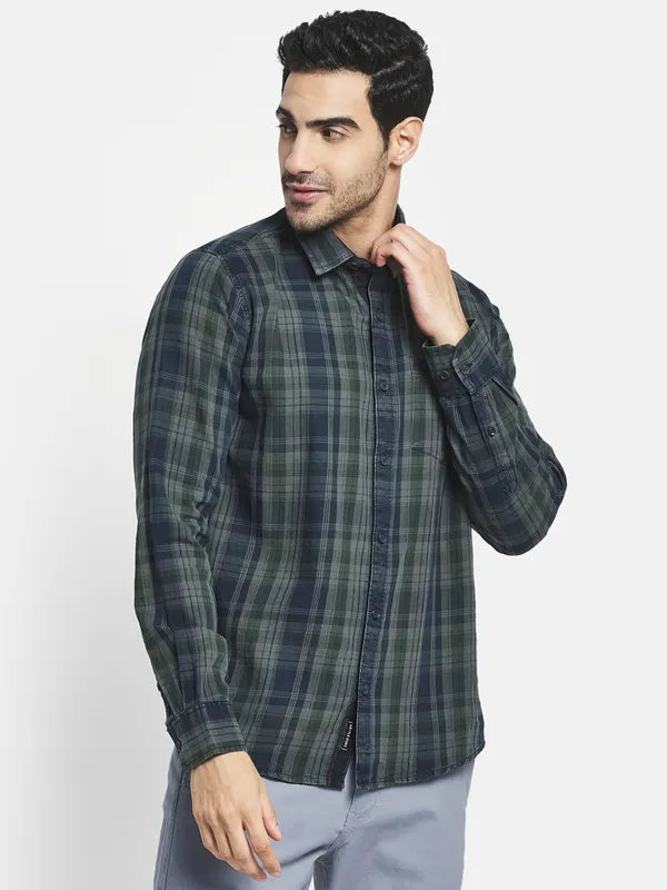 Men Olive Green Tartan Checks Checked Casual Shirt