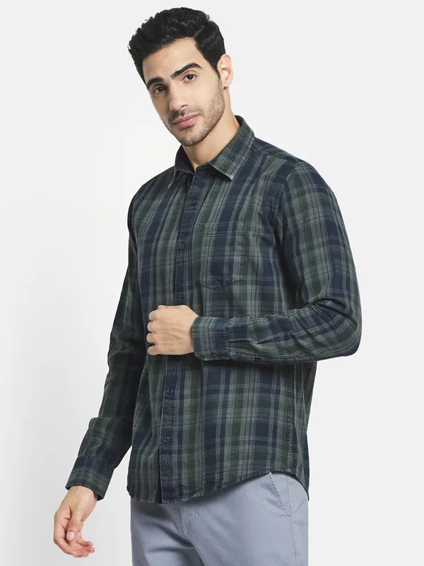 Men Olive Green Tartan Checks Checked Casual Shirt