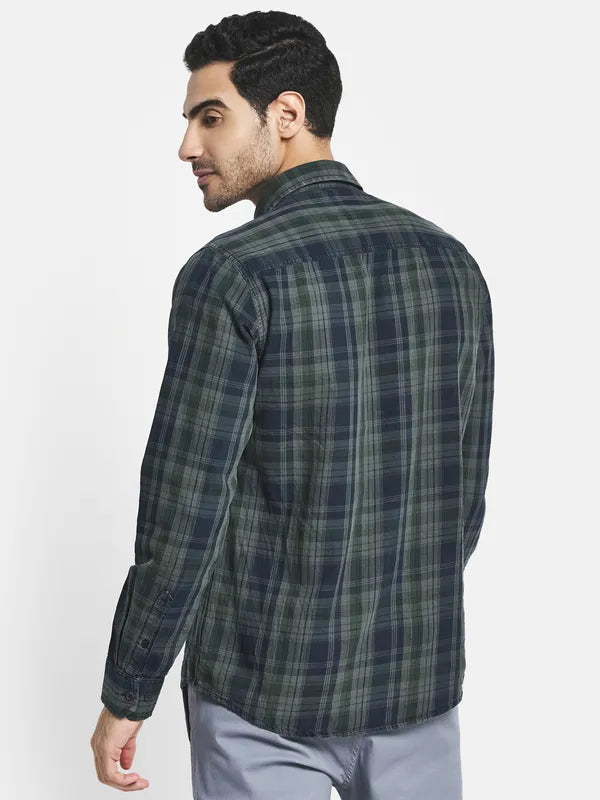 Men Olive Green Tartan Checks Checked Casual Shirt