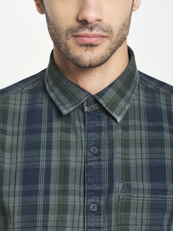 Men Olive Green Tartan Checks Checked Casual Shirt