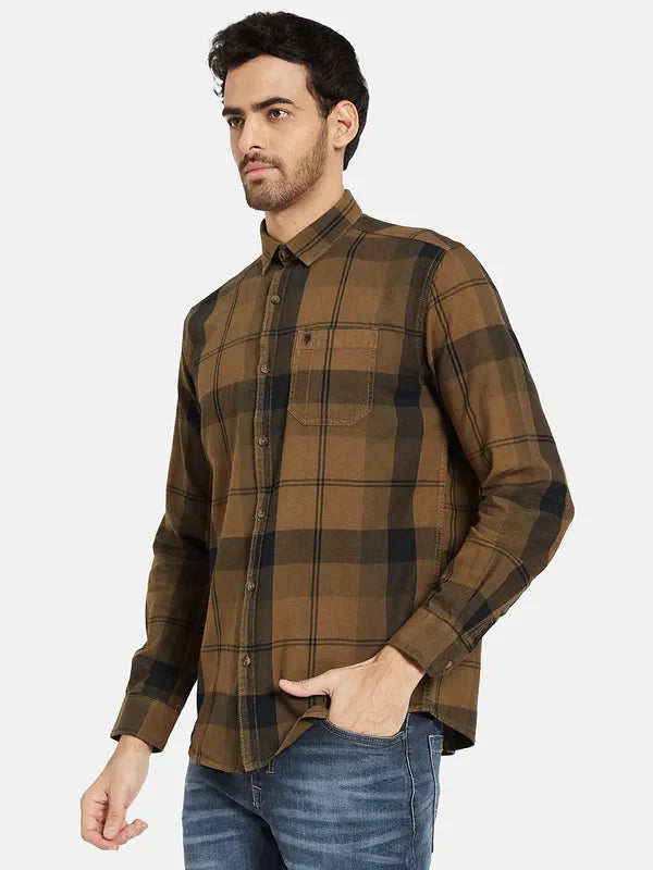 Mettle Men Brown Opaque Checked Casual Shirt