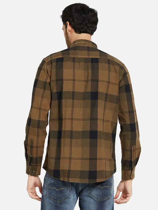 Mettle Men Brown Opaque Checked Casual Shirt