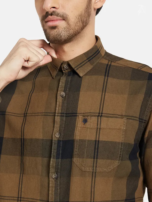 Mettle Men Brown Opaque Checked Casual Shirt