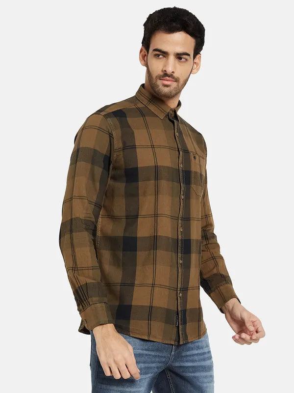 Mettle Men Brown Opaque Checked Casual Shirt