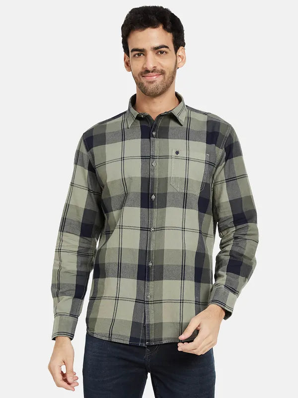 Mettle Men Olive Green Opaque Checked Casual Shirt