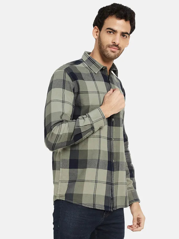 Mettle Men Olive Green Opaque Checked Casual Shirt