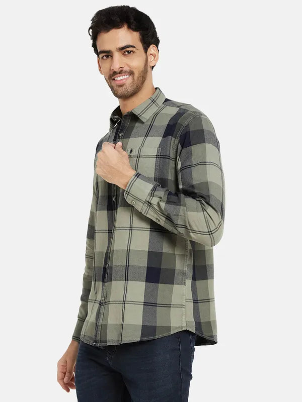 Mettle Men Olive Green Opaque Checked Casual Shirt