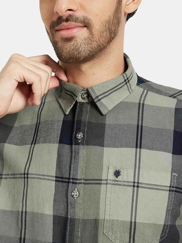 Mettle Men Olive Green Opaque Checked Casual Shirt