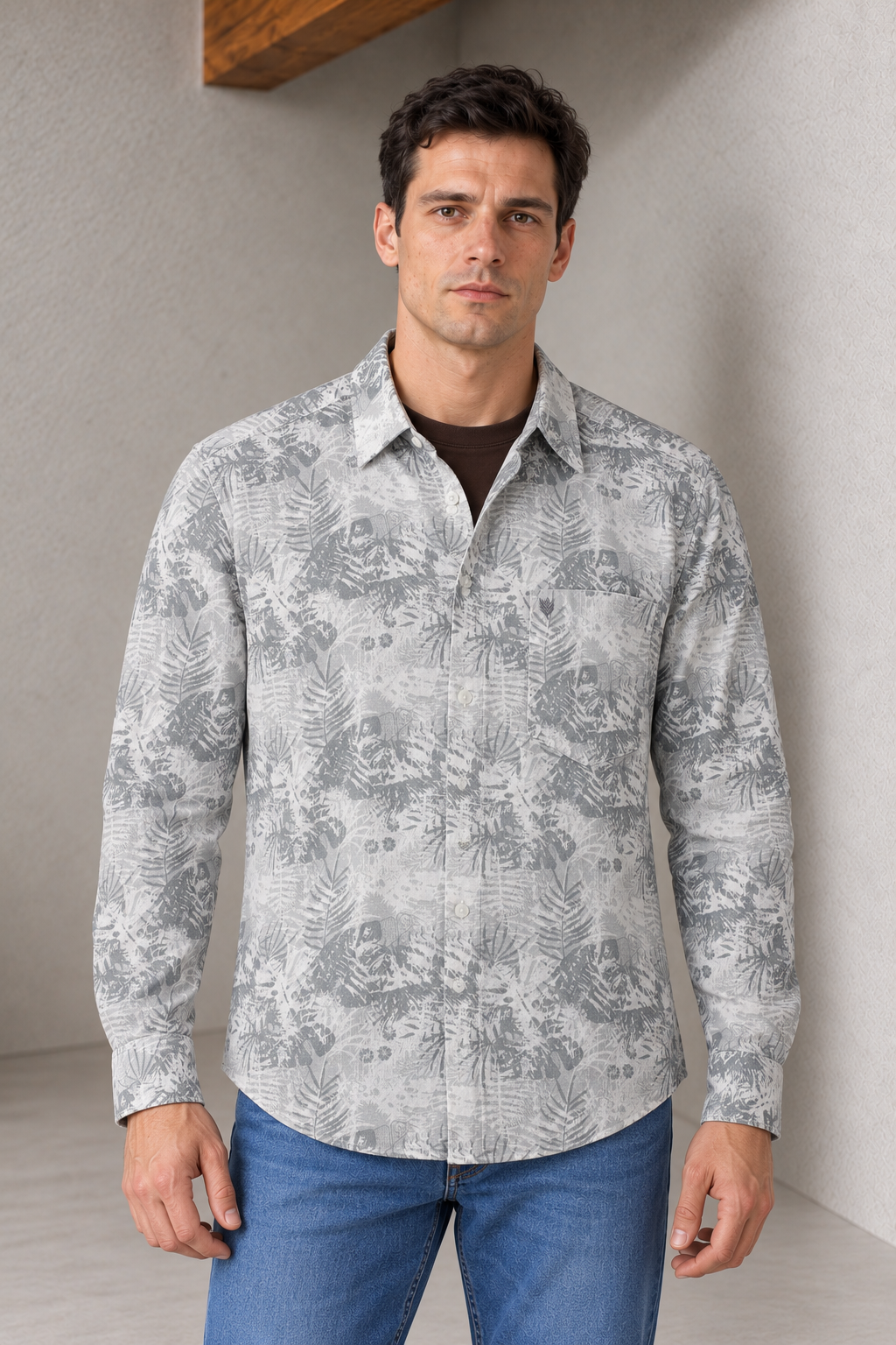 Men’s Silver Cotton Slub Shirt with Botanical Print & Full Sleeves