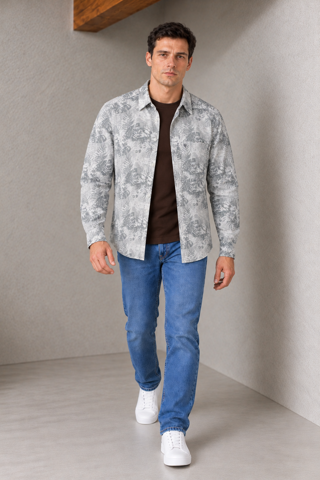Men’s Silver Cotton Slub Shirt with Botanical Print & Full Sleeves