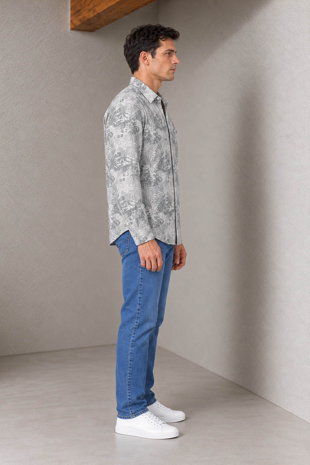 Men’s Silver Cotton Slub Shirt with Botanical Print & Full Sleeves