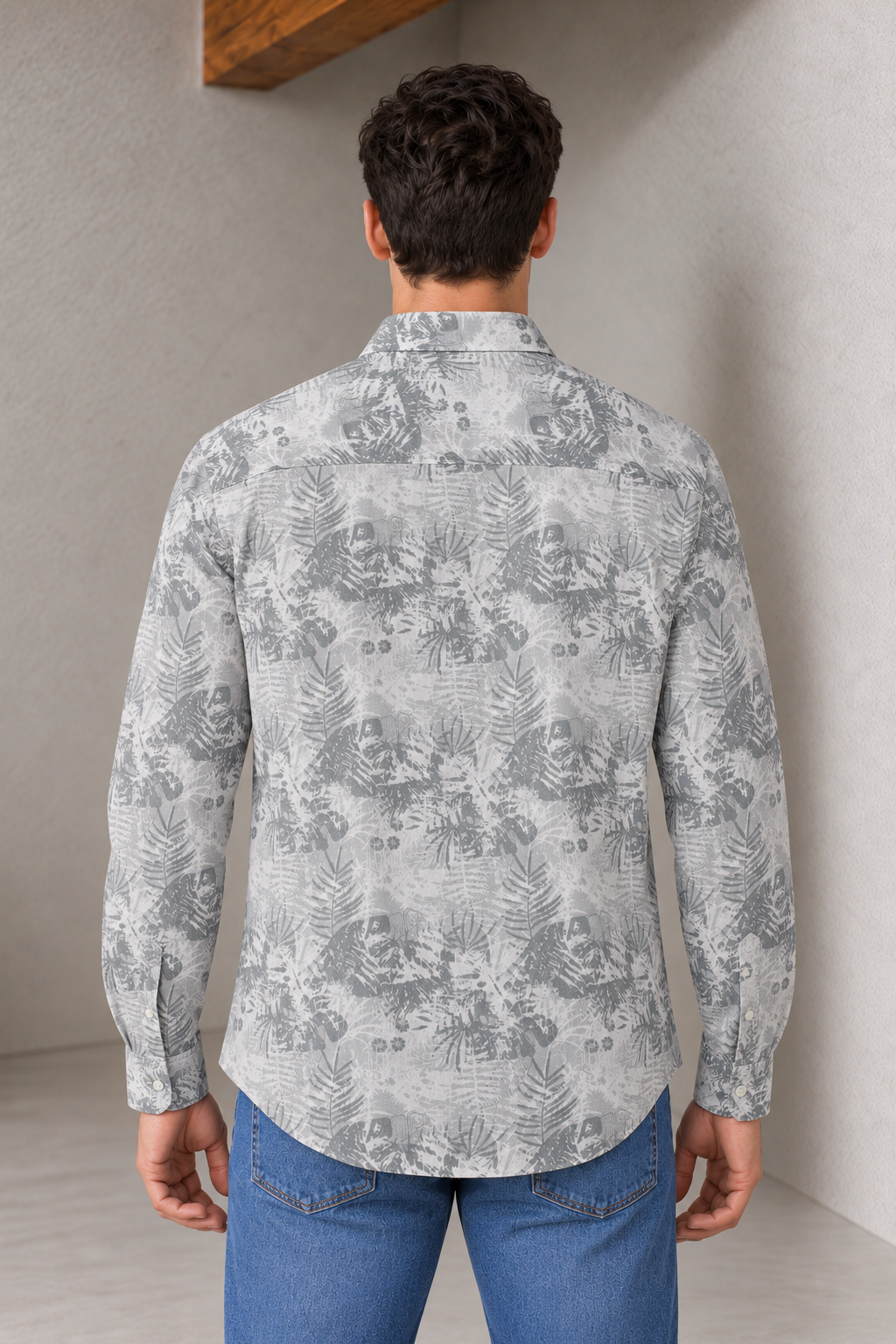 Men’s Silver Cotton Slub Shirt with Botanical Print & Full Sleeves