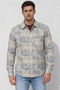 Men's Stone Cotton Slub Shirt with Tropical Leaf Print, Full Sleeves and Spread Collar