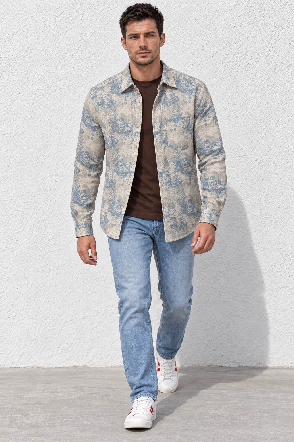 Men's Stone Cotton Slub Shirt with Tropical Leaf Print, Full Sleeves and Spread Collar