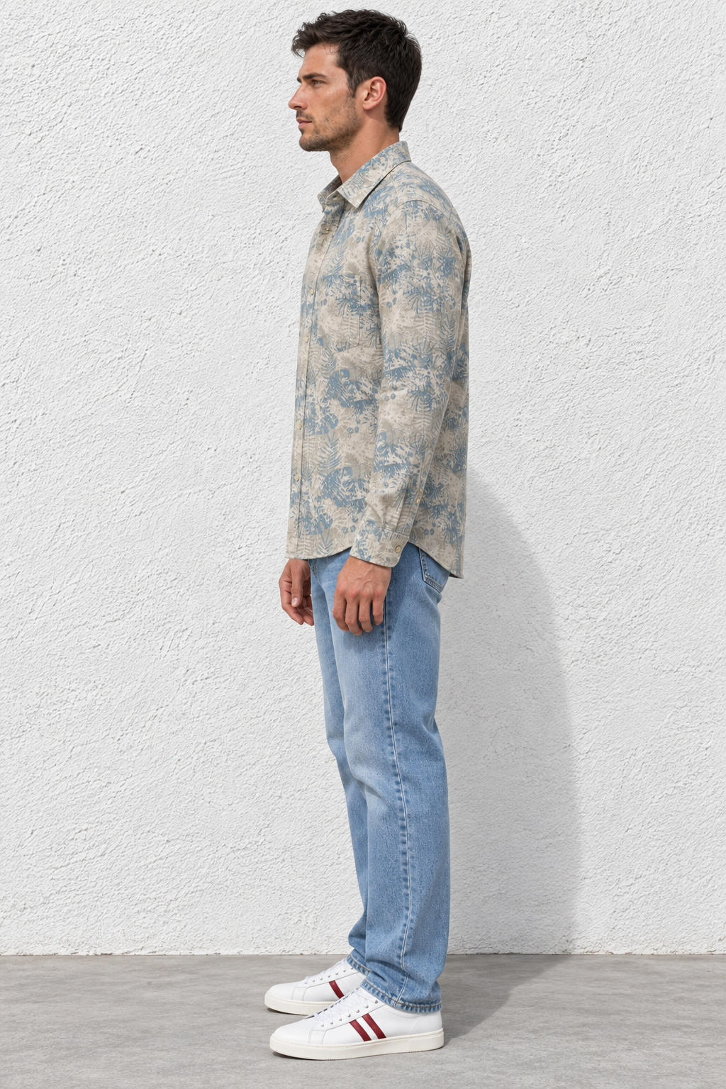 Men's Stone Cotton Slub Shirt with Tropical Leaf Print, Full Sleeves and Spread Collar