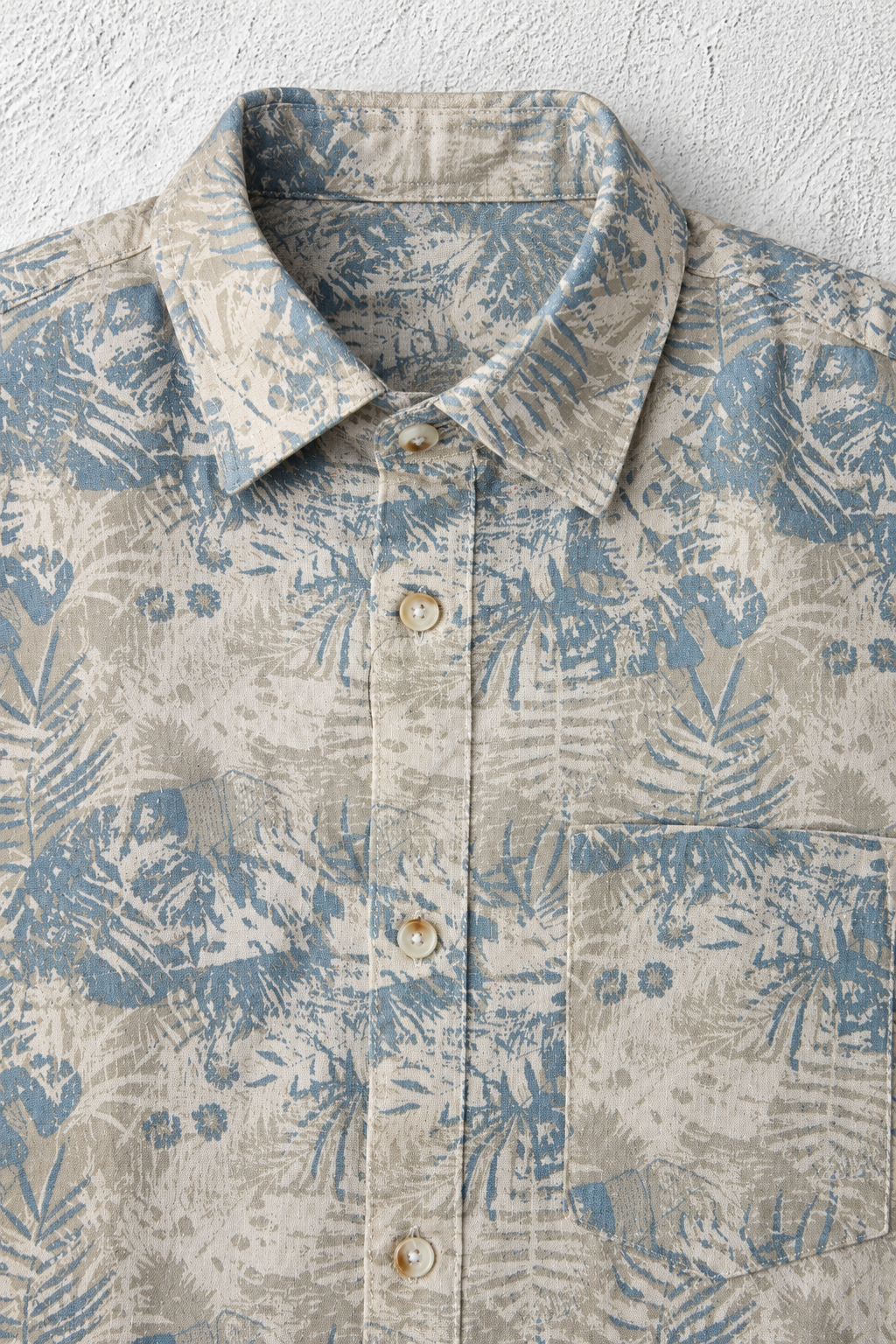 Men's Stone Cotton Slub Shirt with Tropical Leaf Print, Full Sleeves and Spread Collar