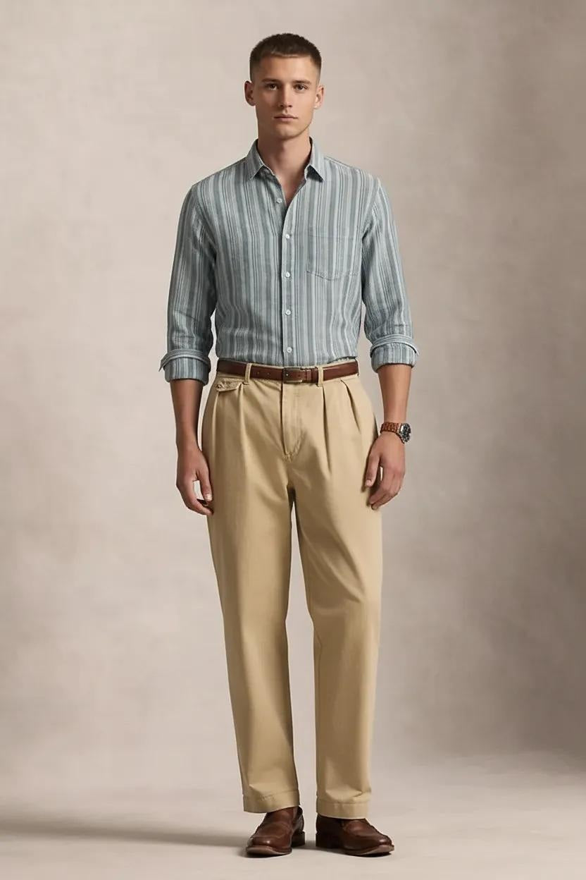 Men Fern Striped Spread Collar Cotton Shirt