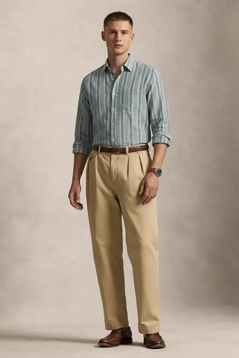 Men Fern Striped Spread Collar Cotton Shirt