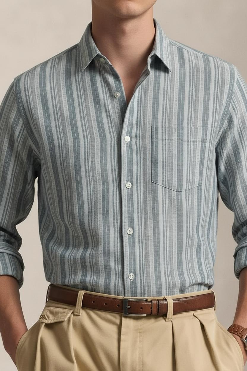 Men Fern Striped Spread Collar Cotton Shirt