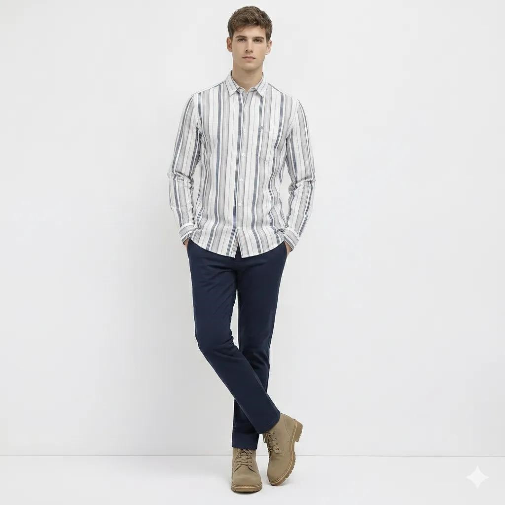 Men White Striped Casual Shirt