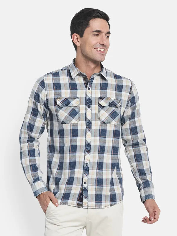 Men White Blue Checked Regular Fit Cotton Casual Shirt