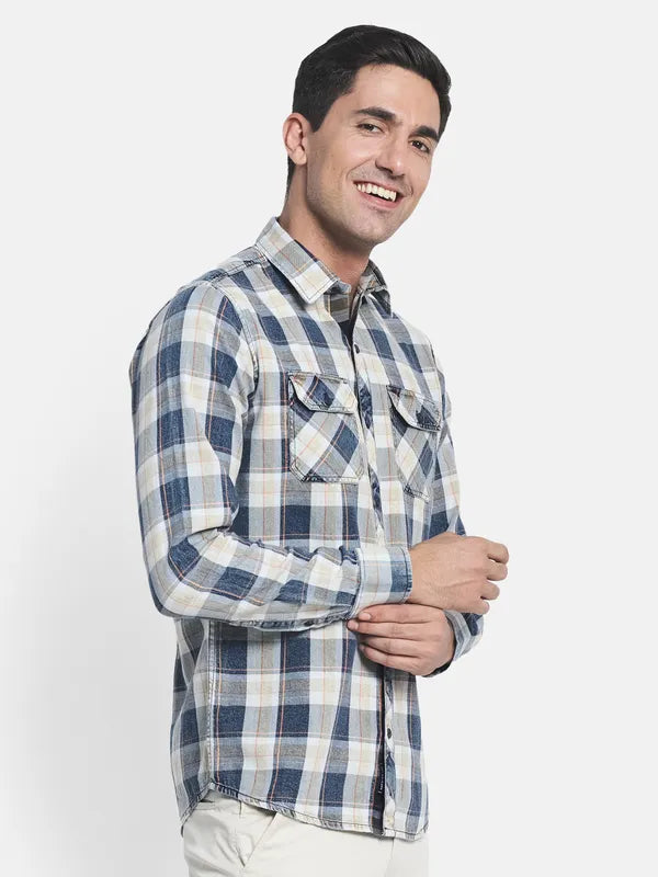 Men White Blue Checked Regular Fit Cotton Casual Shirt