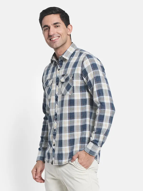 Men White Blue Checked Regular Fit Cotton Casual Shirt