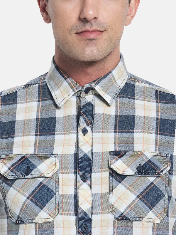 Men White Blue Checked Regular Fit Cotton Casual Shirt