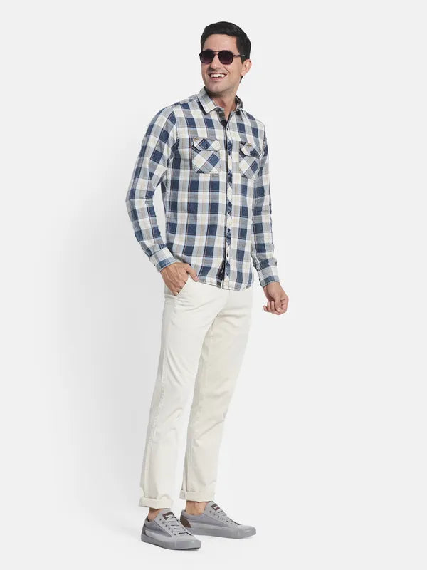 Men White Blue Checked Regular Fit Cotton Casual Shirt