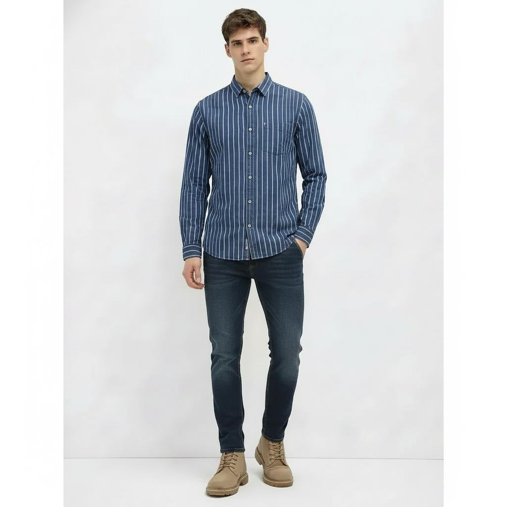 Men Indigo Striped Casual Shirt