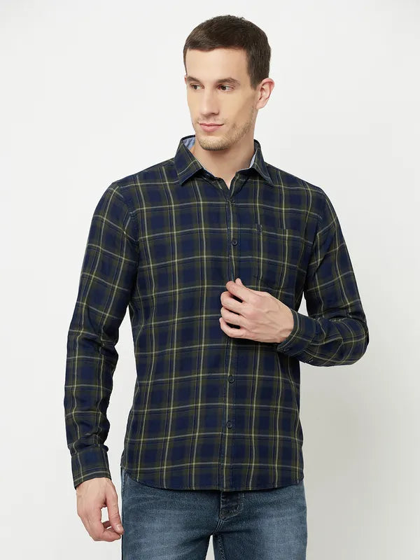 Mettle Men Olive Green Tartan Checks Checked Casual Shirt