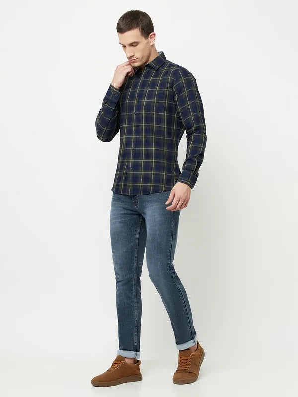 Mettle Men Olive Green Tartan Checks Checked Casual Shirt