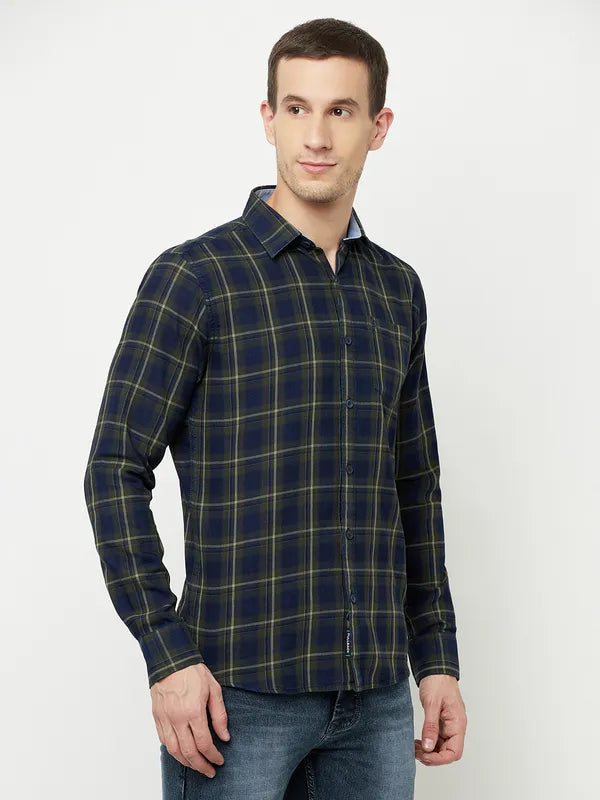 Mettle Men Olive Green Tartan Checks Checked Casual Shirt