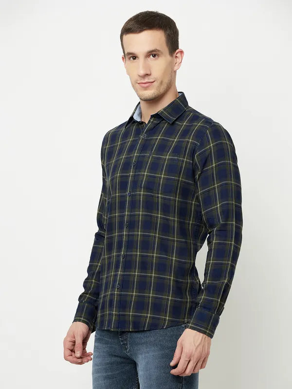 Mettle Men Olive Green Tartan Checks Checked Casual Shirt