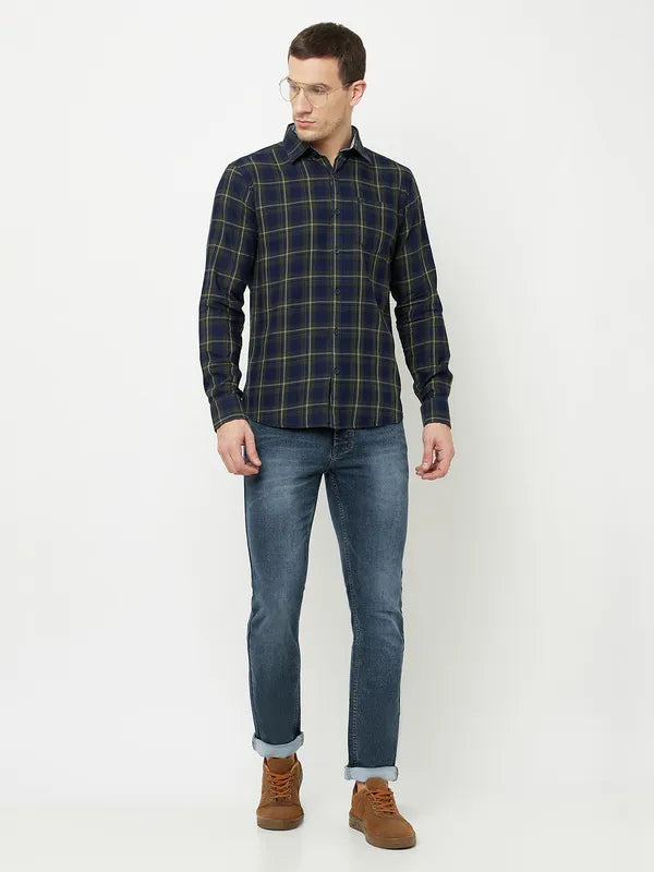 Mettle Men Olive Green Tartan Checks Checked Casual Shirt