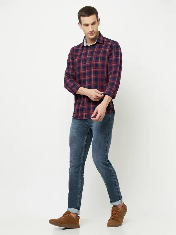 Mettle Men Maroon Tartan Checks Checked Casual Shirt