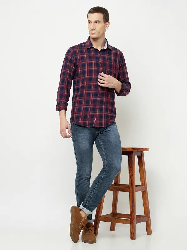 Mettle Men Maroon Tartan Checks Checked Casual Shirt