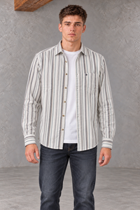 Men’s Off-White Striped Regular Fit Cotton Slub Shirt