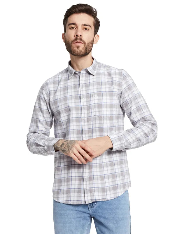 Mettle Checked Spread Collar Curved Cotton Casual Shirt