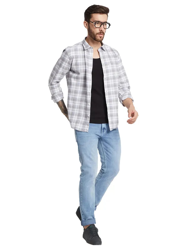 Mettle Checked Spread Collar Curved Cotton Casual Shirt