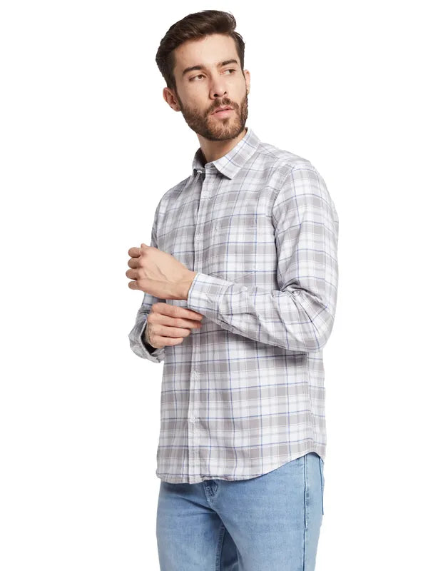 Mettle Checked Spread Collar Curved Cotton Casual Shirt