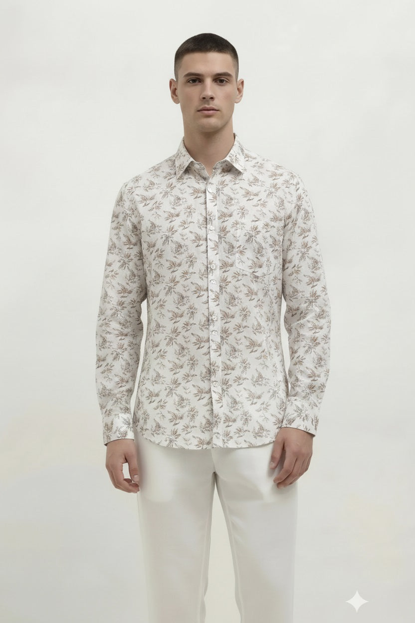Men Light Khaki Floral Printed Casual Shirt