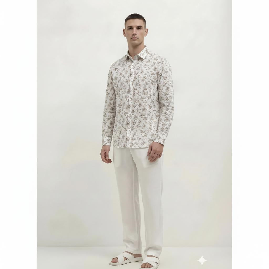 Men Light Khaki Floral Printed Casual Shirt