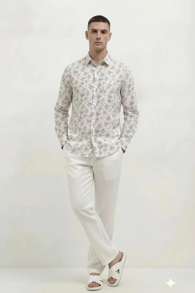 Men Light Khaki Floral Printed Casual Shirt