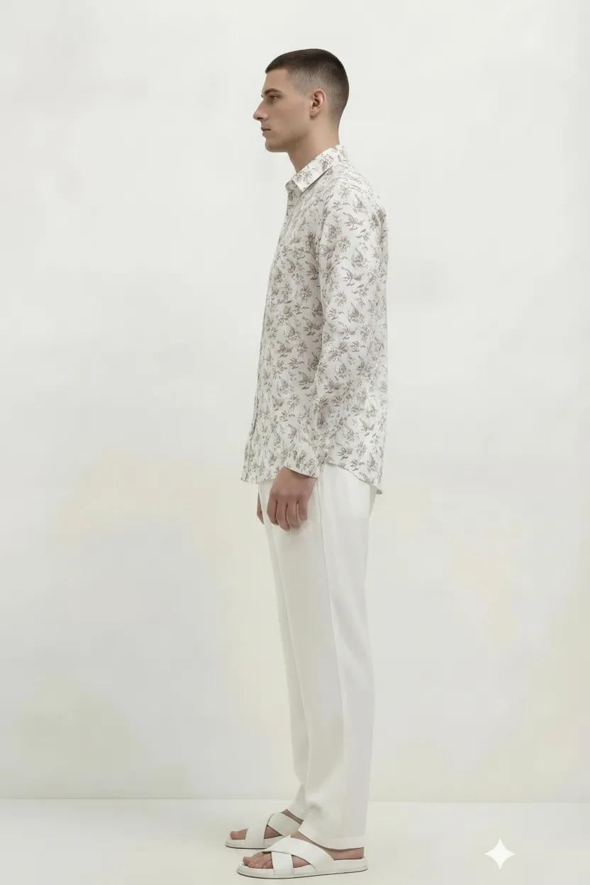 Men Light Khaki Floral Printed Casual Shirt