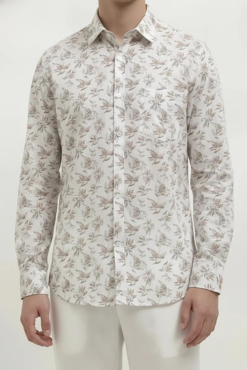 Men Light Khaki Floral Printed Casual Shirt