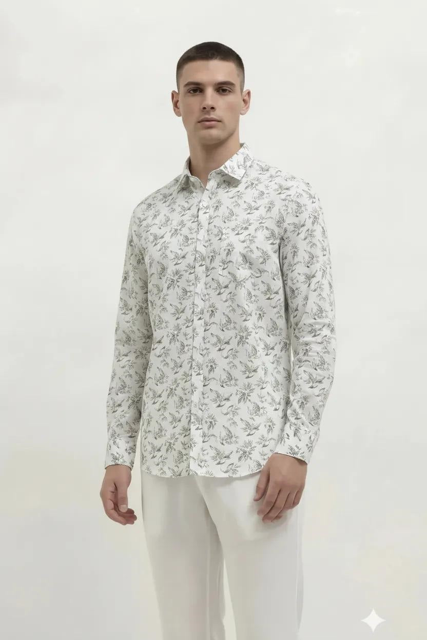 Men Light Olive Floral Printed Casual Shirt