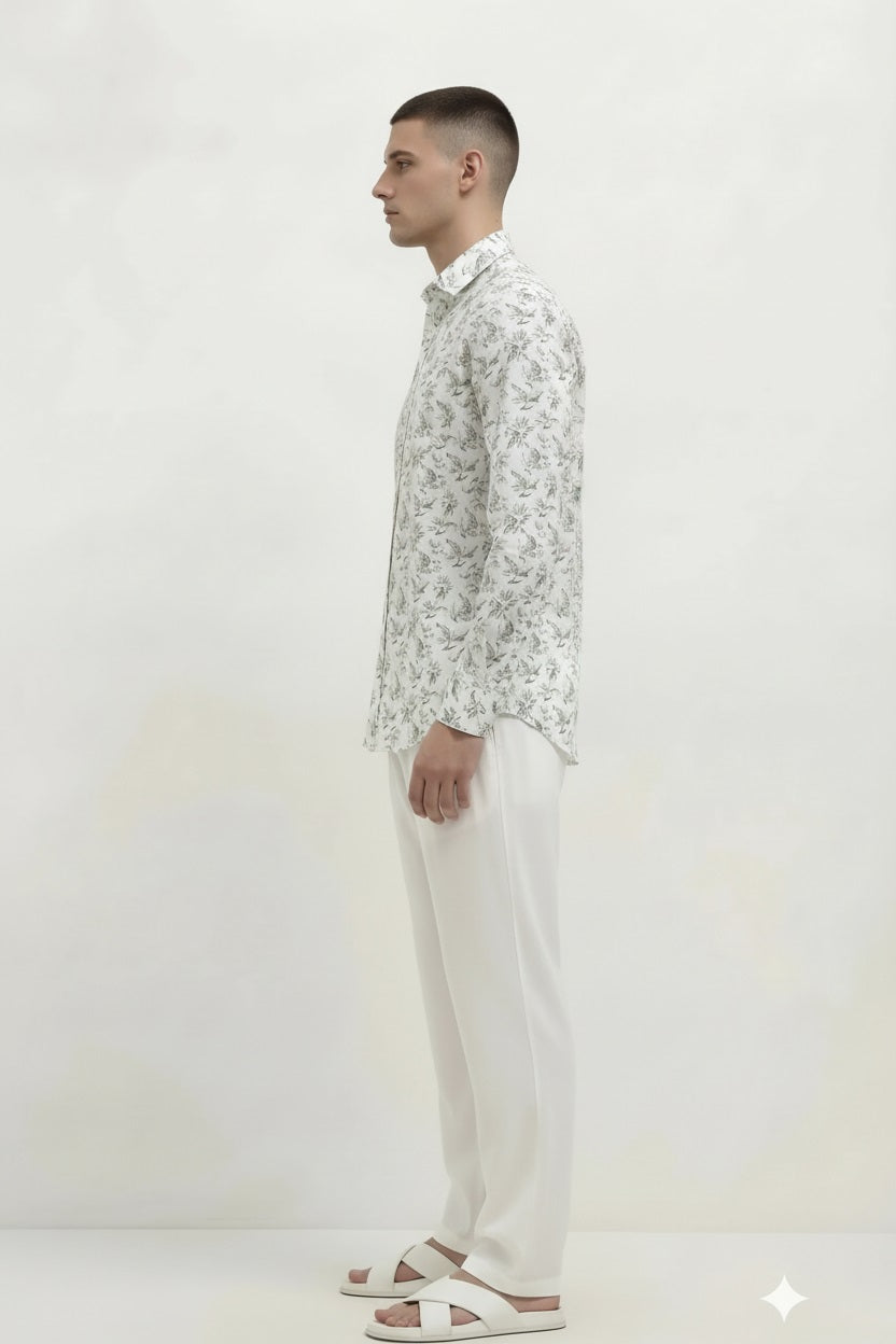 Men Light Olive Floral Printed Casual Shirt