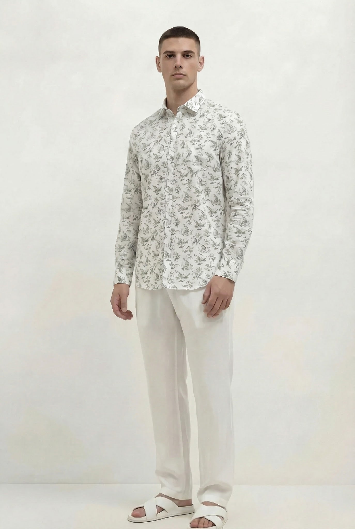 Men Light Olive Floral Printed Casual Shirt